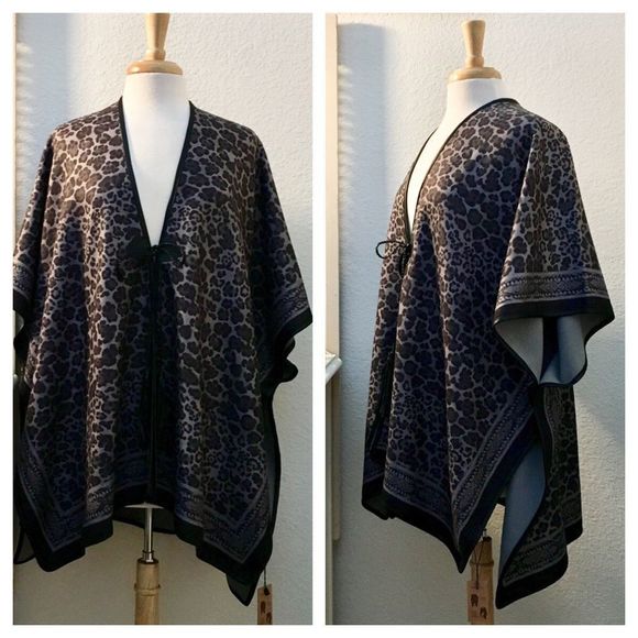 Leopard Print Gray & Black Wrap Shawl, Tassel Ties Closure, Oversized, Boxy, - Picture 1 of 8